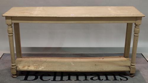 An early 20th century green painted console table, united by undertier, 150cm wide x 80cm high.