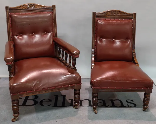 A late Victorian oak framed leather upholstered armchair, 68cm wide x 102cm high, and a matching lady's chair, 60cm wide x 80cm high, (2).