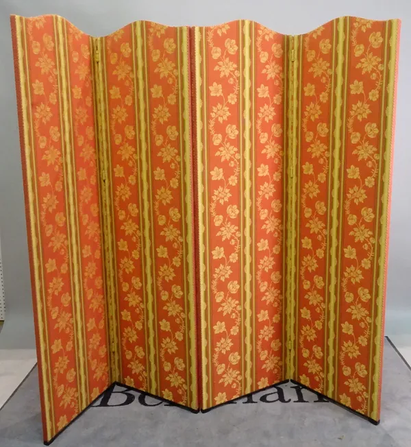 A 20th century upholstered four fold arch topped screen, 51cm wide x 204cm fully extended x 176cm high.