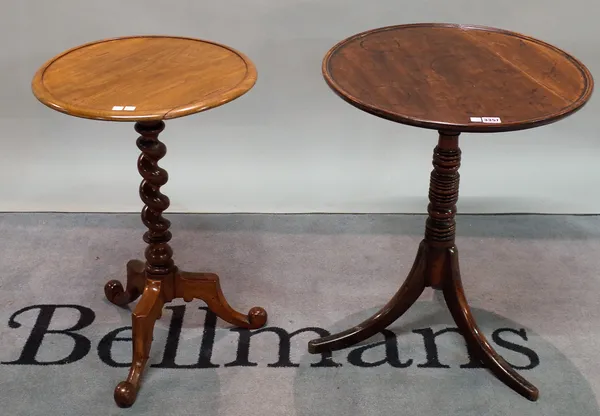 A 19th century mahogany tripod table, circular dished top on ring turned column, 55cm diameter x 64cm high, and another similar on barleytwist column,