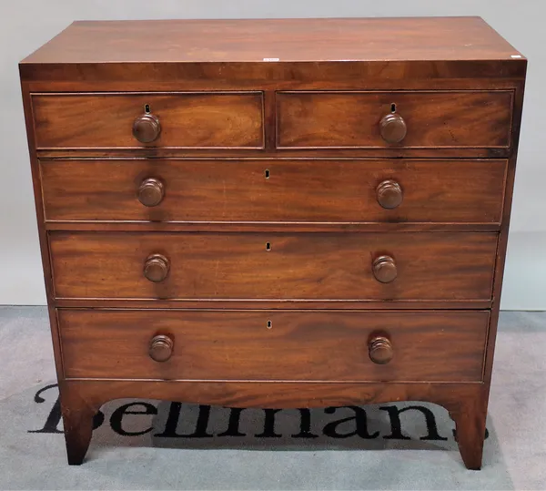 A late Victorian mahogany chest with two short and three long graduated drawers on splayed bracket feet, 105cm wide x 106cm high.