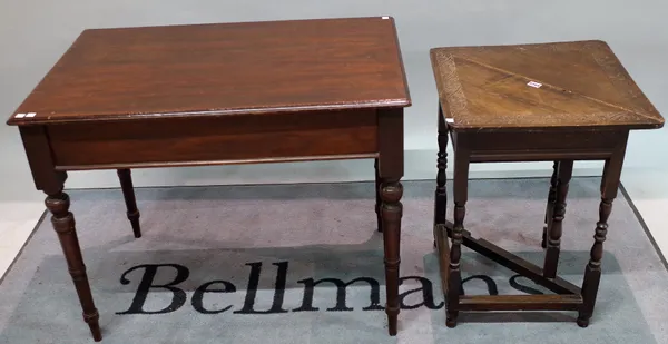 An 18th century style mahogany drop flap corner table, 68cm wide x 64cm high, and a late Victorian mahogany centre table on turned supports, 91cm wide