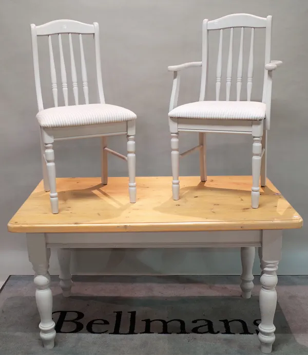 A 20th century pine kitchen table with a blue painted base, 137cm long x 76cm high, and a set of six painted dining chairs including two carvers, 53cm