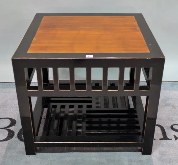 A 20th century black lacquer square coffee table on block supports, 69cm wide x 59cm high.