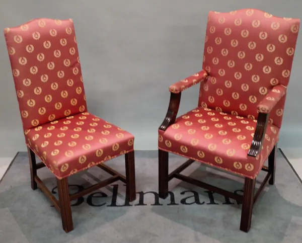 A set of ten 18th century style mahogany framed highback dining chairs to include two carvers, 95cm wide x 112cm high, (10).