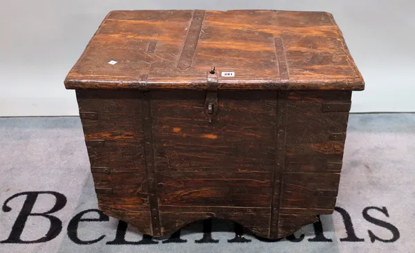 An early 20th century Indian hardwood and iron bound trunk, 72cm wide x 73cm high.