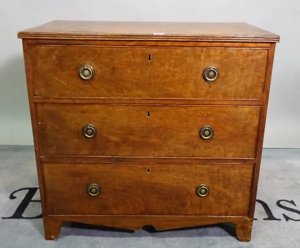 A 19th century mahogany low chest of three long graduated drawers on bracket feet, 78cm wide x 75cm high.