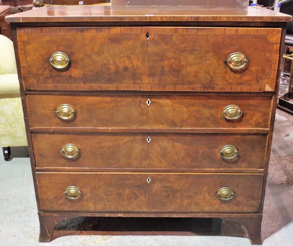 A late George III mahogany secretaire chest of four long graduated drawers on splayed bracket feet, 110cm wide x 108cm high.