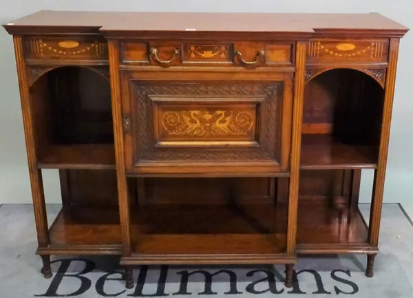 An Edwardian inlaid mahogany side cupboard with single drawer over platform undertier, 138cm wide x 102cm high.