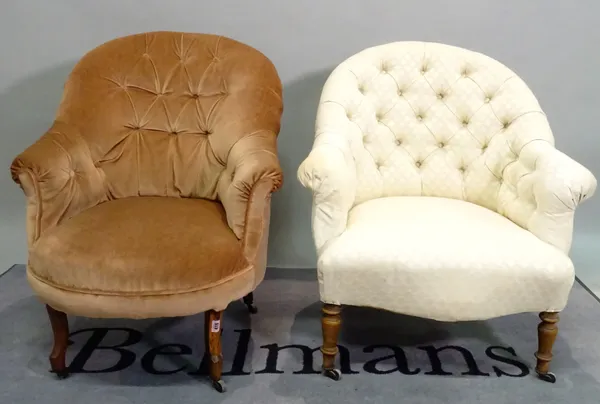 An Edwardian mahogany framed tub chair, 75cm wide x 82cm high, and another similar later tub chair, 77cm wide x 81cm high, (2).