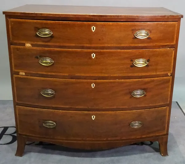 A late Victorian bowfront chest of four graduated drawers on splayed bracket feet, 109cm wide x 100cm high.