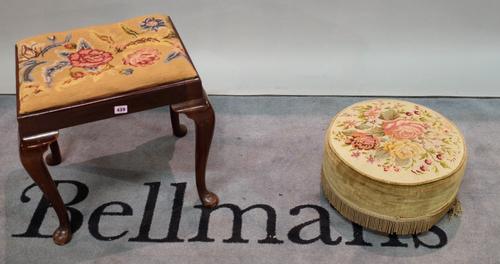 A Victorian mahogany rectangular footstool on cabriole supports, 50cm wide x 49cm high, and a Victorian mahogany rectangular footstool on barleytwist