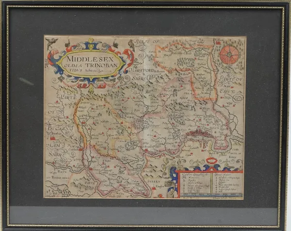 MAPS - Christopher SAXTON (1540-1610).  Middlesex olima trinoban tibus habitata. [London: John Norden, c. 1637]. Hand-coloured engraved map, 2 baroque