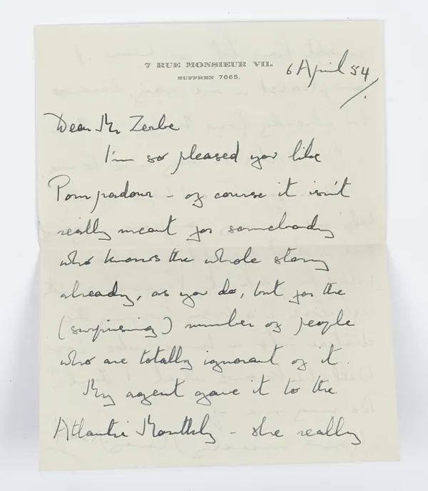 MITFORD, Nancy (1904-73).  A two-page autograph letter on paper headed '7 Rue Monsieur VII, Suffren 7665', dated 6 April '54, stating, "Dear Mr Zerbe,
