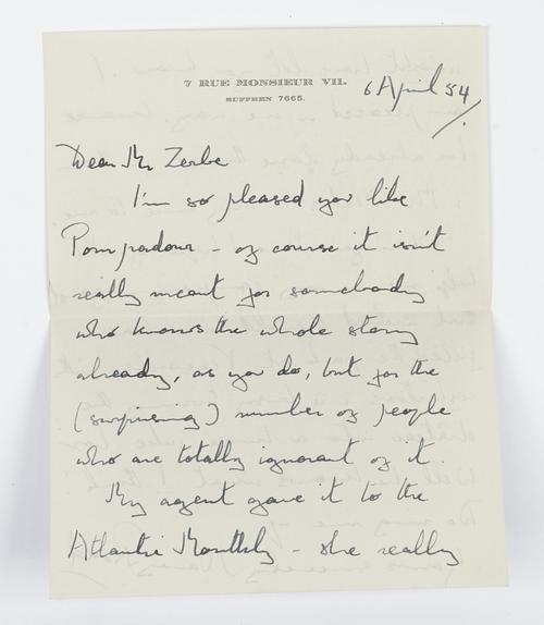 MITFORD, Nancy (1904-73).  A two-page autograph letter on paper headed '7 Rue Monsieur VII, Suffren 7665', dated 6 April '54, stating, "Dear Mr Zerbe,