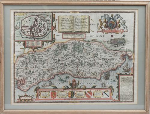 SUSSEX - John SPEED (1552-1629).  Sussex Described and divided into Rapes. [London:] John Sudbury & George Humble, 1610 [but 1611 or later]. Hand-colo