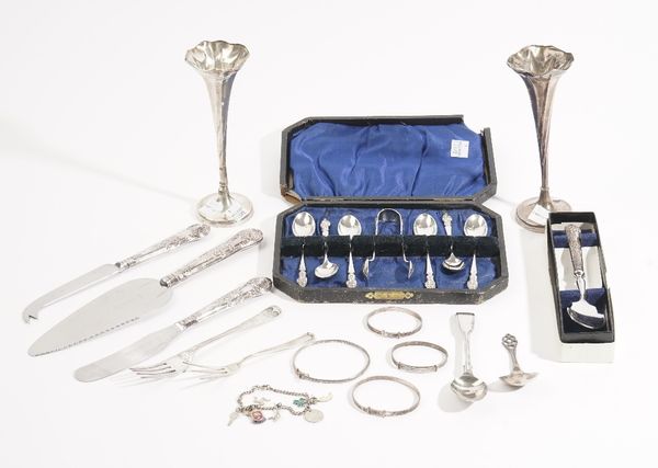 Mostly silver and silver mounted wares, comprising; a set of six apostle teaspoons, Birmingham 1906 and a pair of associated apostle sugar tongs, Birm