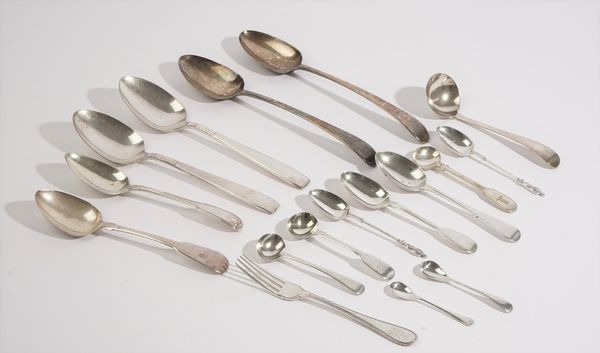 Silver flatware, comprising; a pair of tablespoons, two dessert spoons, three condiment spoons and two further spoons, a sauce ladle and a fork, also