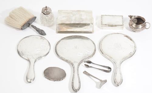 Silver and silver mounted wares, comprising; a rectangular table cigarette box, presentation inscribed, a rectangular box, having a drop-in fitted div
