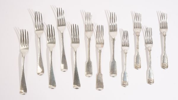 Silver table flatware, comprising; four Victorian double struck fiddle and shell pattern dessert forks, London 1840, three Old English pattern table f