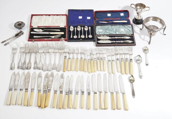 Silver, comprising; a pair of Victorian butter knives, Birmingham 1872, cased, a butter spade, Sheffield 1904, cased, a set of six coffee spoons, Shef