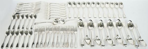 A silver fiddle and thread pattern part canteen of table flatware, comprising; twelve table forks, twelve dessert spoons, twelve dessert forks, twelve