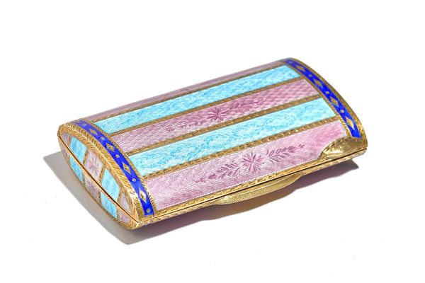 A lady's silver gilt and varicoloured enamel curved rectangular powder compact, fitted with a bevelled mirror within, the exterior decorated with pale