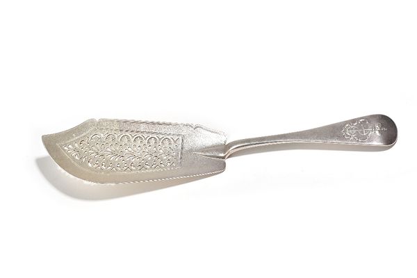 A Victorian silver Old English pattern Royal Navy Admiralty fish slice, with pierced decoration to the blade, the handle with a cast fouled anchor and