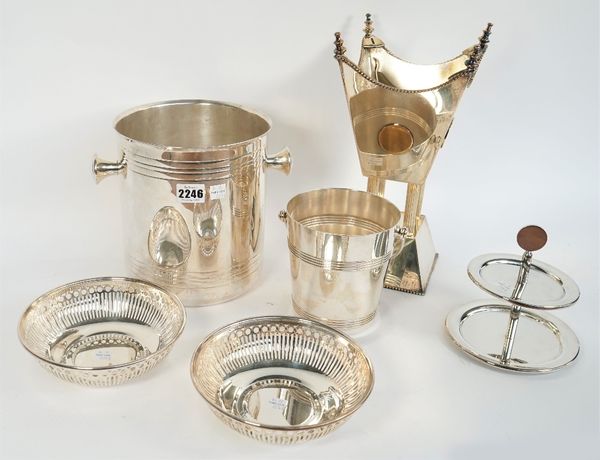 A group of Christofle plated wares, comprising; a twin handled ice bucket, a pair of bowls having pierced decoration and a smaller ice bucket, having