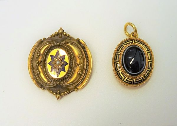 A Victorian gold, black enamelled and banded agate pendant mourning locket, the interior with inscription 'In Memory of a Dear Father, died Augt 2 186