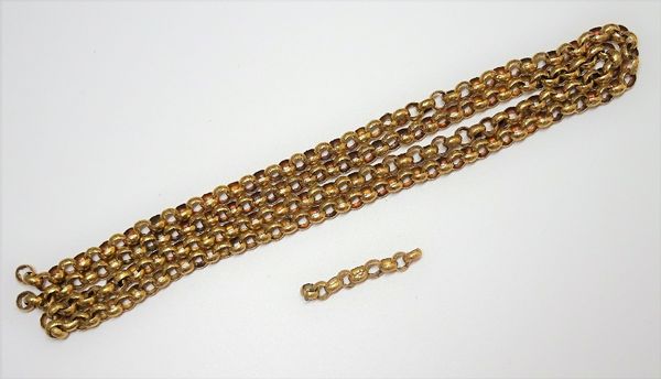 A gold decorated circular link long chain, mid-19th century, length 95cm and an additional length of chain, length 4cm, combined weight 47 gms.