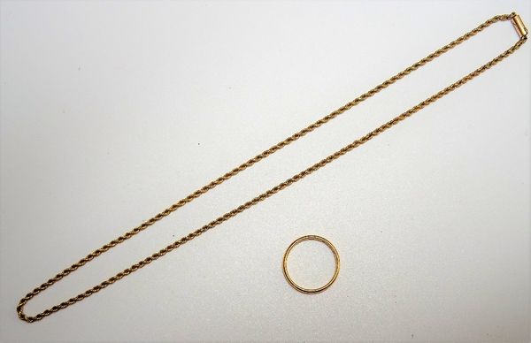 A 22ct gold plain wedding ring, probably London 1958, ring size M, weight 2.5 gms and a gold ropetwist link neckchain, detailed 15 on a cylindrical cl