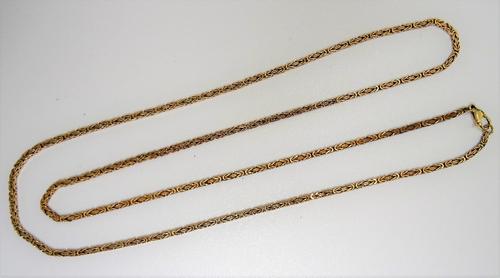 A 9ct gold Byzantine link necklace, on a sprung hook shaped clasp, length 71.5cm, weight 18.4 gms.