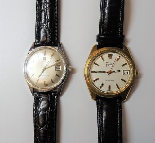 An Omega Electronic F 300 HZ gold cased gentleman's wristwatch, the signed silvered dial with baton numerals, centre seconds and with a date of the mo