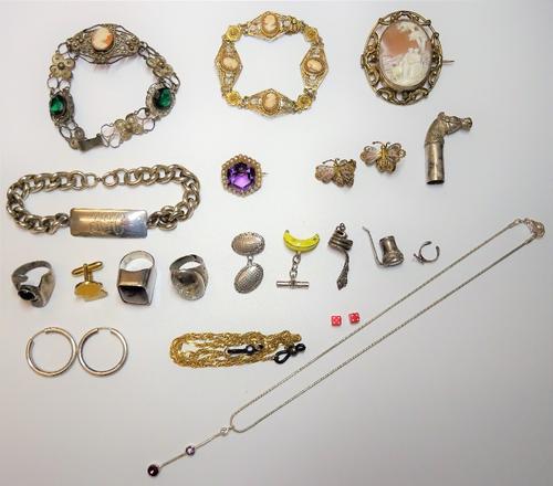 A gold, amethyst and seed pearl set hexagonal brooch, detailed 15 C, a Victorian oval shell cameo brooch, two filigree and cameo bracelets, a pair of