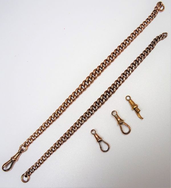 Two lengths of graduated 9ct gold links from a watch Albert chain, two 9ct gold swivels, a gold swivel detailed 9 C and part of a gold swivel, combine