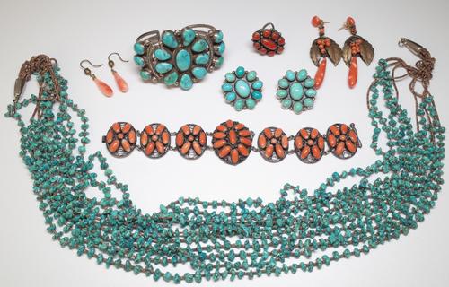 A turquoise bangle, detailed in Indian ink Navajo, a pair of turquoise earclips, detailed Sterling, a multiple row turquoise bead necklace, a Sterling