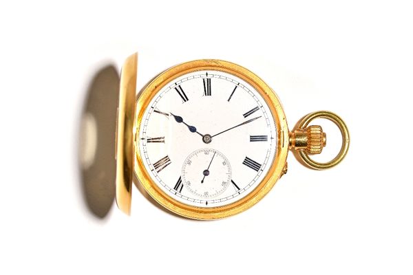 A gold cased, keyless wind, half hunting cased gentleman's pocket watch, with a gilt metal inner case, detailed within, the outer case back and front