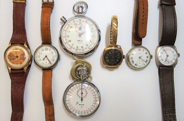 A group of five gentlemen's wristwatches, comprising; a Swiss gold cased chronograph wristwatch, a 9ct gold cushion shaped wristwatch, Edinburgh 1938,