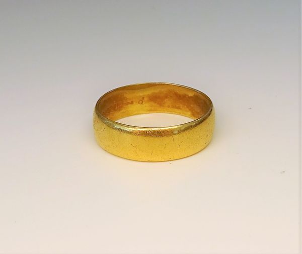 A 22ct gold plain wedding ring, London 1966, ring size R, weight 7.6 gms.