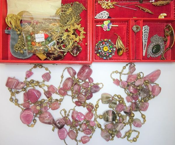 Five varicoloured tourmaline irregular bead necklaces and a small group of costume jewellery, including a filigree collar necklace, further filigree i