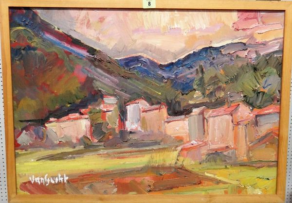 Jose van Gucht (1913-1980), Hillside village, oil on canvas, signed, 48cm x 68cm.