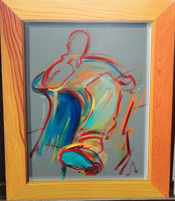 C**B** (contemporary), Seated man in trompe l'oeil frame, oil on canvas, indistinctly signed, 73cm x 60cm.