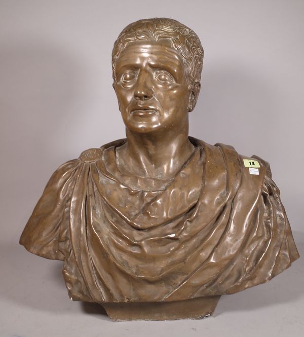 A faux bronze bust of Caesar Augustus, 60cm wide x 60cm high.