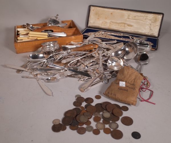 Silver plated wares, including; a quantify of flatware, serving spoons and mostly 19th century coins, (qty).