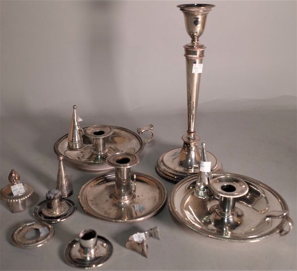 Silver plated wares, comprising; a pair of twin branch candelabra, 50cm high, and a pair of candlesticks, 32cm high, a pair of chamber sticks and anot