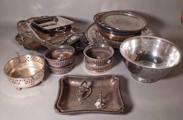 Silver plated wares, including; a twin handled galleried tray, wine coolers, tureens and sundry, (qty).