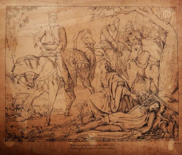 Attributed to Francesco Paolo Priolo (1818-1892), after Daniel Maclise, Medieval scene, pen and ink, bears initials, 20.5cm x 26cm.