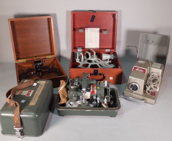 Scientific instruments including 'Hilger Watts', No1 microscopic theodolite cased, a cased nautical sextant and an 'Aldis' 20th century cased slide pr