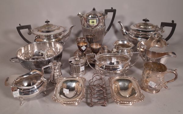 Silver plated wares, including; tea pots, coffee pots, jugs, pepperettes and sundry, (qty).